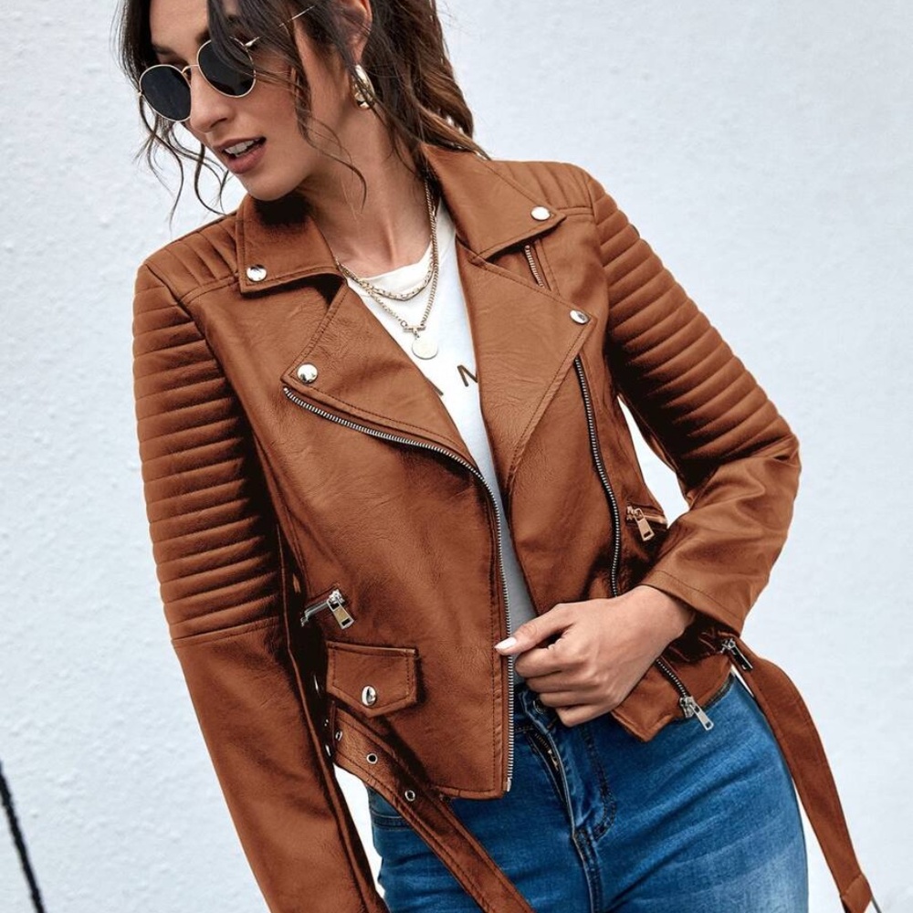 Luxe Vegan Leather Camel Zip up Moto Biker Jacket - Picture 3 of 10